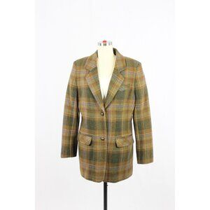 Vintage 00's JESSICA Olive Brown Plaid Check Wool Blend Blazer, Size 12